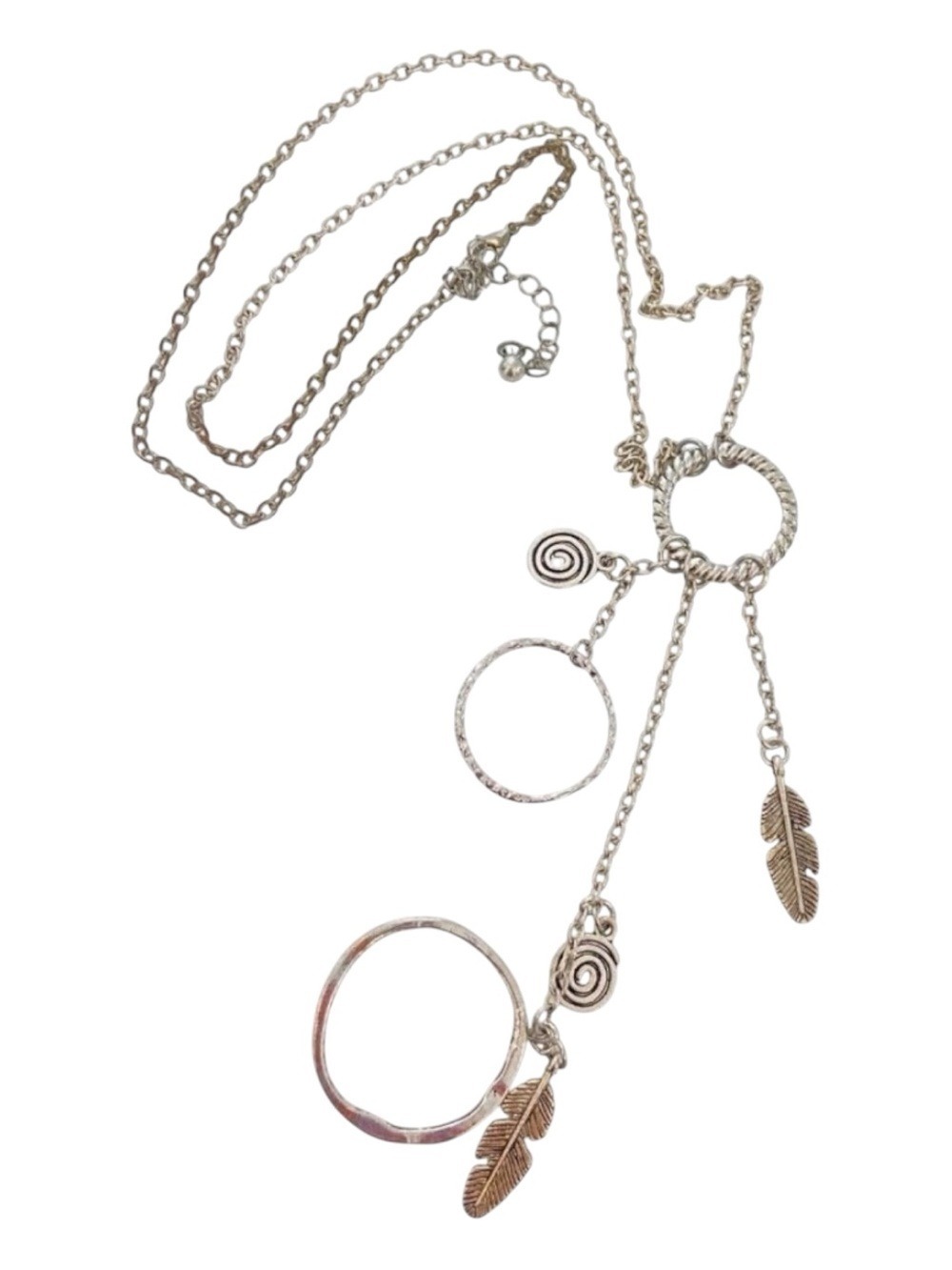 Boho Silver tone Feather Charm Necklace With Dreamcatcher Style & Swirl Design